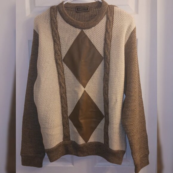 Vintage Saxony Leather & Wool Sweater Coogi Style Ivory & Tan Diamonds M - Picture 2 of 6